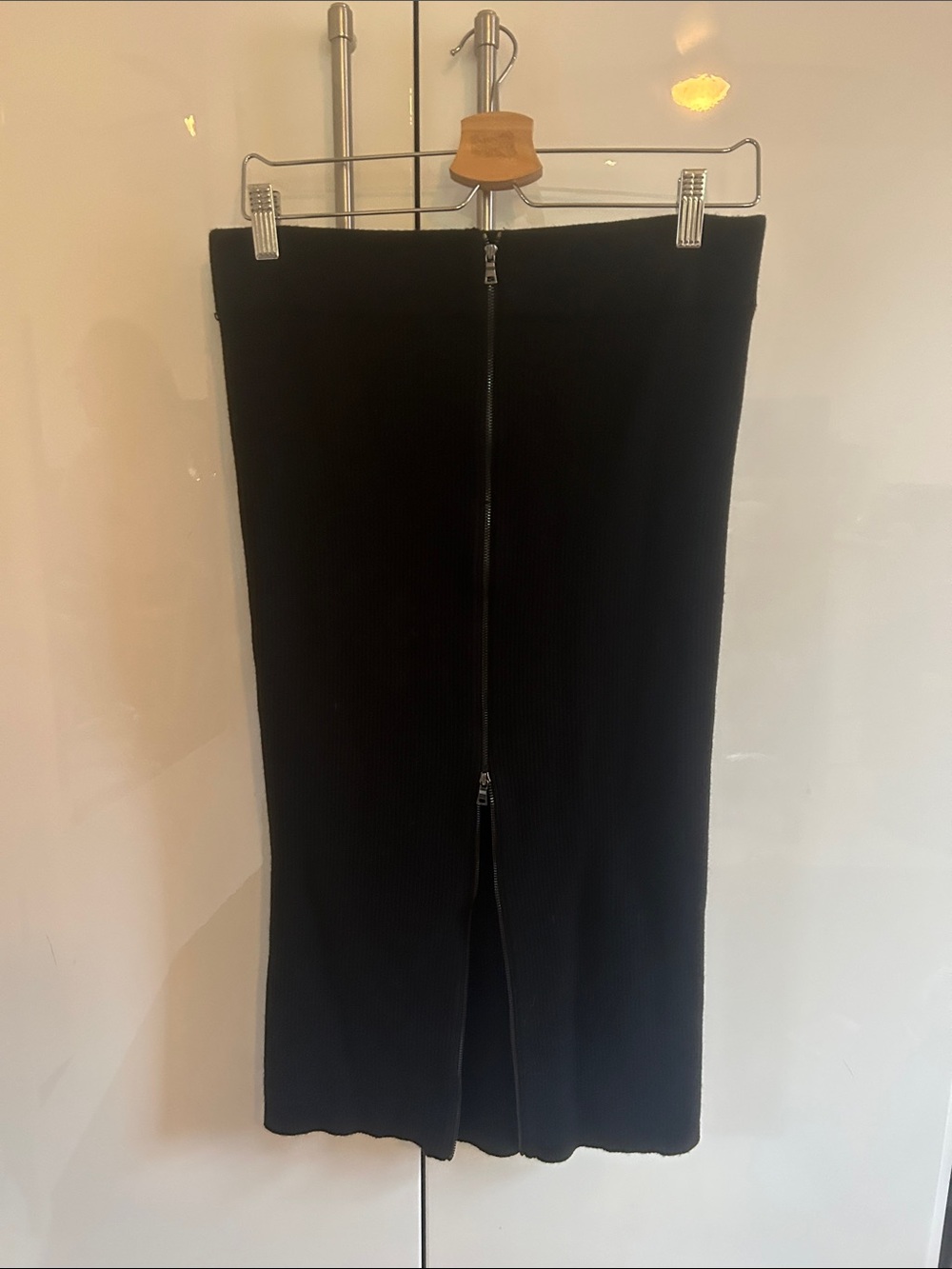 Ann Taylor Black Ribbed Knit Midi Skirt with Adjustable Center Zip